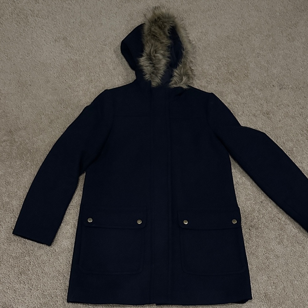 Jcrew Mercantile Women's Navy Hooded Coat with Faux Fur Trim